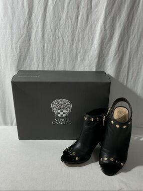 Vince Camuto Black Leather Studded Peep-Toe Booties with Gold Accents